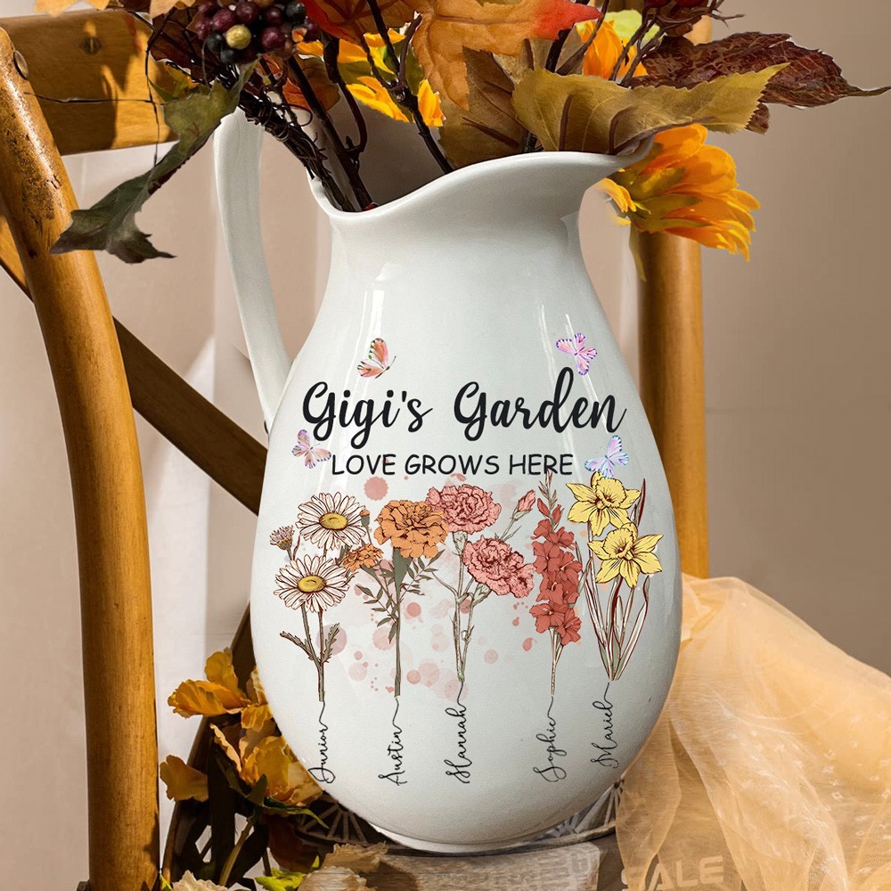 Personalised Gigi's Garden Birth Month Flower Vase with Kids Names Unique Gifts for Mum Grandma Mother's Day Gift