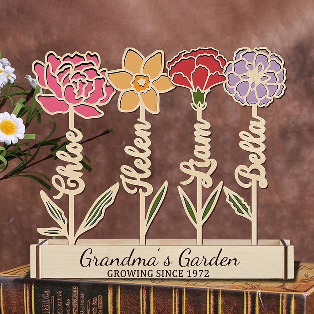 Personalised Wood Birth Flower Garden Grandma's Garden Wood Sign with Kids Names Christmas Gift for Grandma Mum