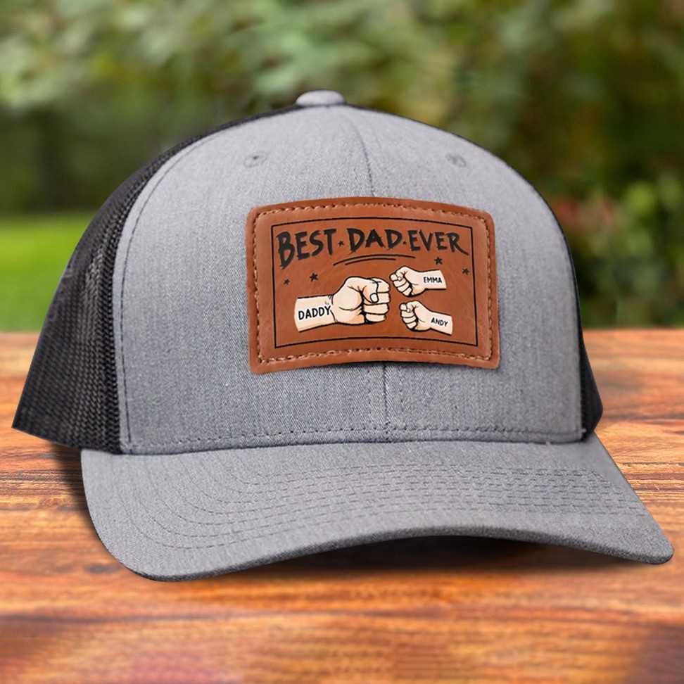 Best Dad Ever Custom Fist Bump Leather Patch Hat Unique Gifts for Dad Grandpa Father's Day Gift