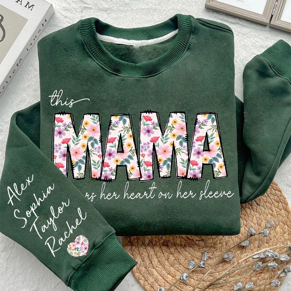 Custom This Mama Wears Her Heart on Her Sleeve Sweatshirt with Kids Names on Sleeve Gifts for Mum Mother's Day Gift Ideas