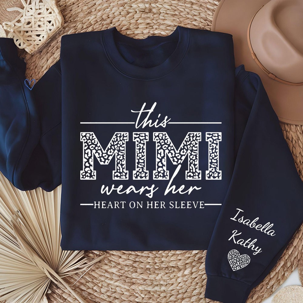 This Mimi Wears Her Heart on Her Sleeve Sweatshirt with Kids Names on Sleeve Personalised Gifts for Mimi Mother's Day Gift