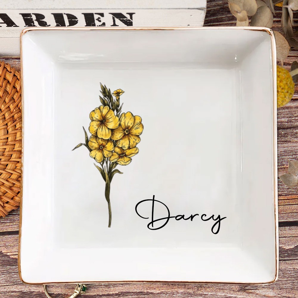 Custom Birth Flower Jewelry Dish with Name for Her Gifts for Friend Wedding Bridesmaid Gift Christmas Gift for Mum