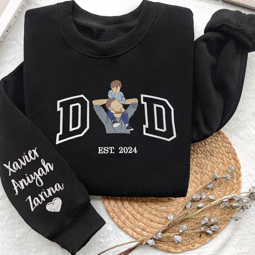 Dad Embroidered Photo Portrait Sweatshirt with Kids Names on Sleeve Custom Gift for Dad Father's Day Gift
