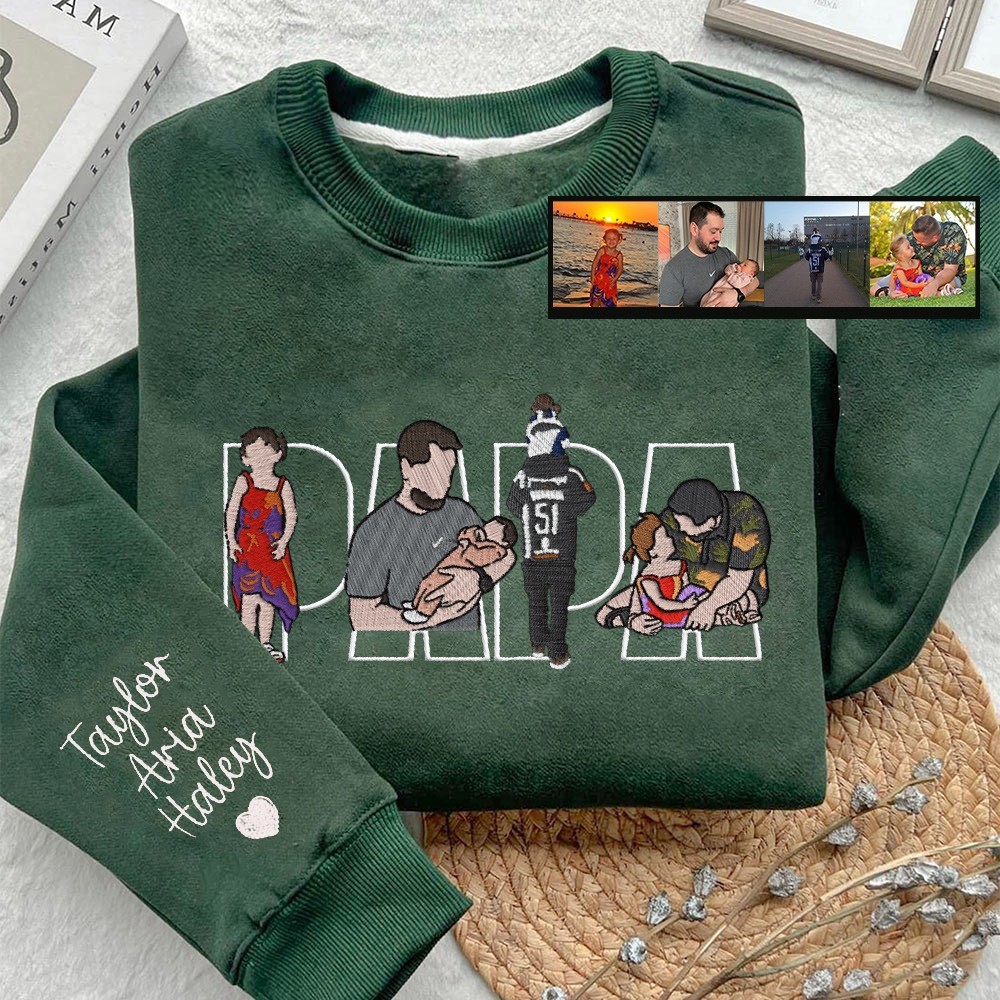 Custom Papa Embroidered Photo Portrait Sweatshirt with Kids Names on Sleeve Gifts for Dad Papa Father's Day Gift