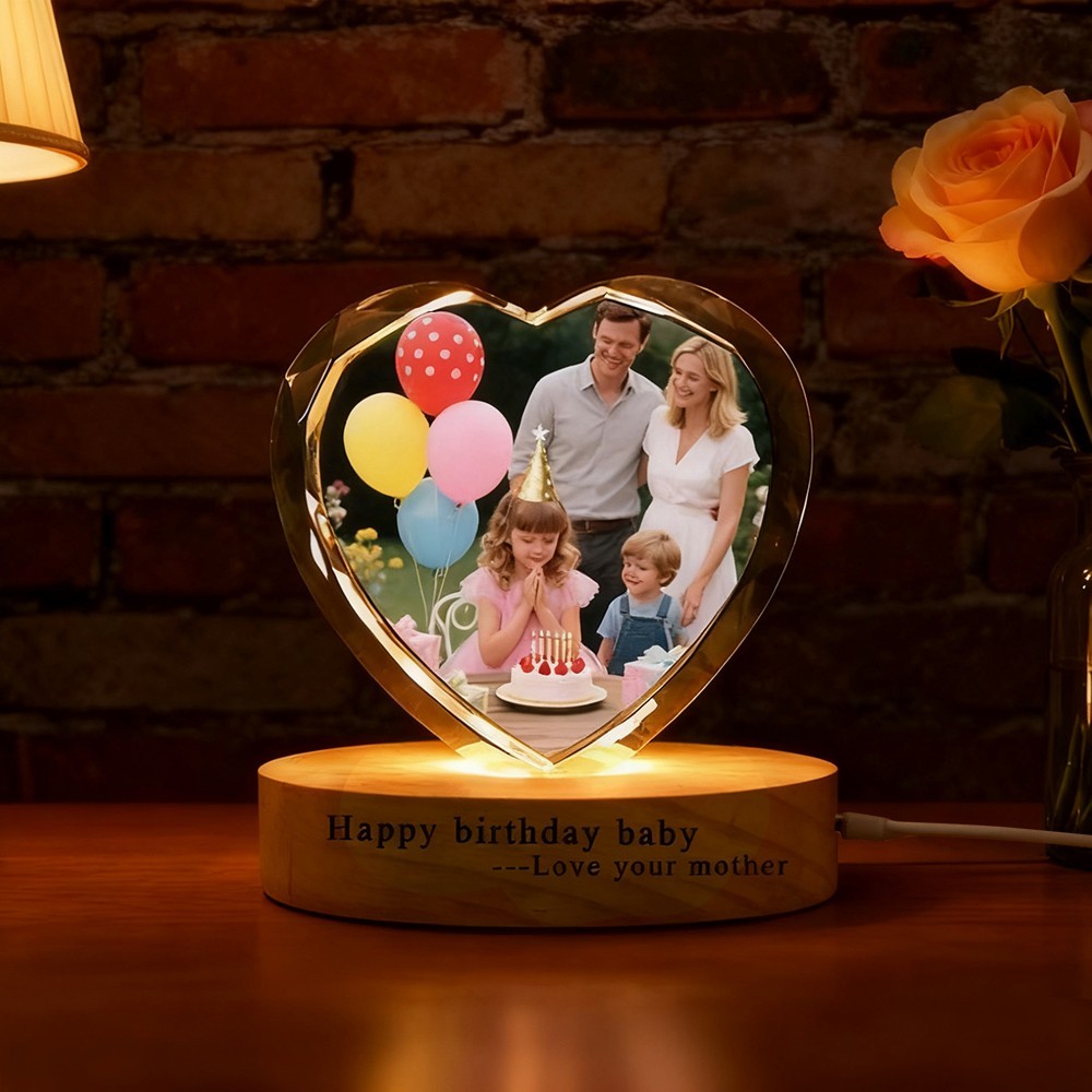 Custom Heart 3D Crystal Family Photo Portrait Night Light with Base Birthday Gift Family Christmas Gifts
