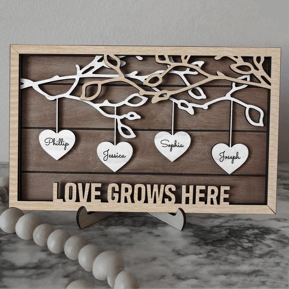 Personalised Family Tree Wood Sign with Kids Names for Mum Grandma Love Grows Here Sign Family Christmas Gifts