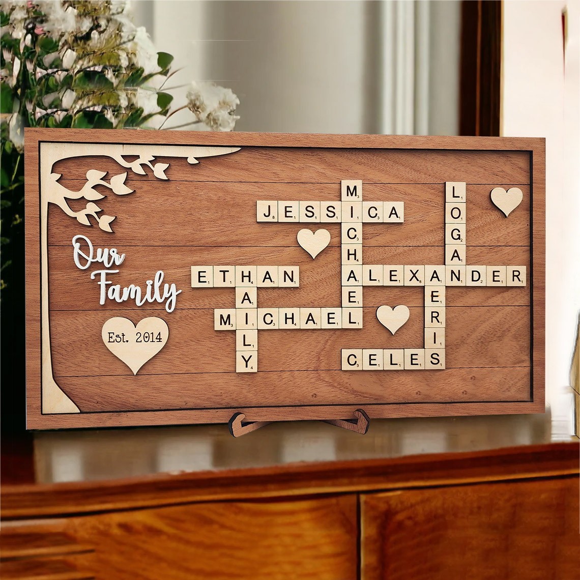 Custom Crossword Scrabble Family Wood Puzzle Plaque Sign with Kids Names for Mum Unique Family Keepsake Gifts Mother's Day Gift