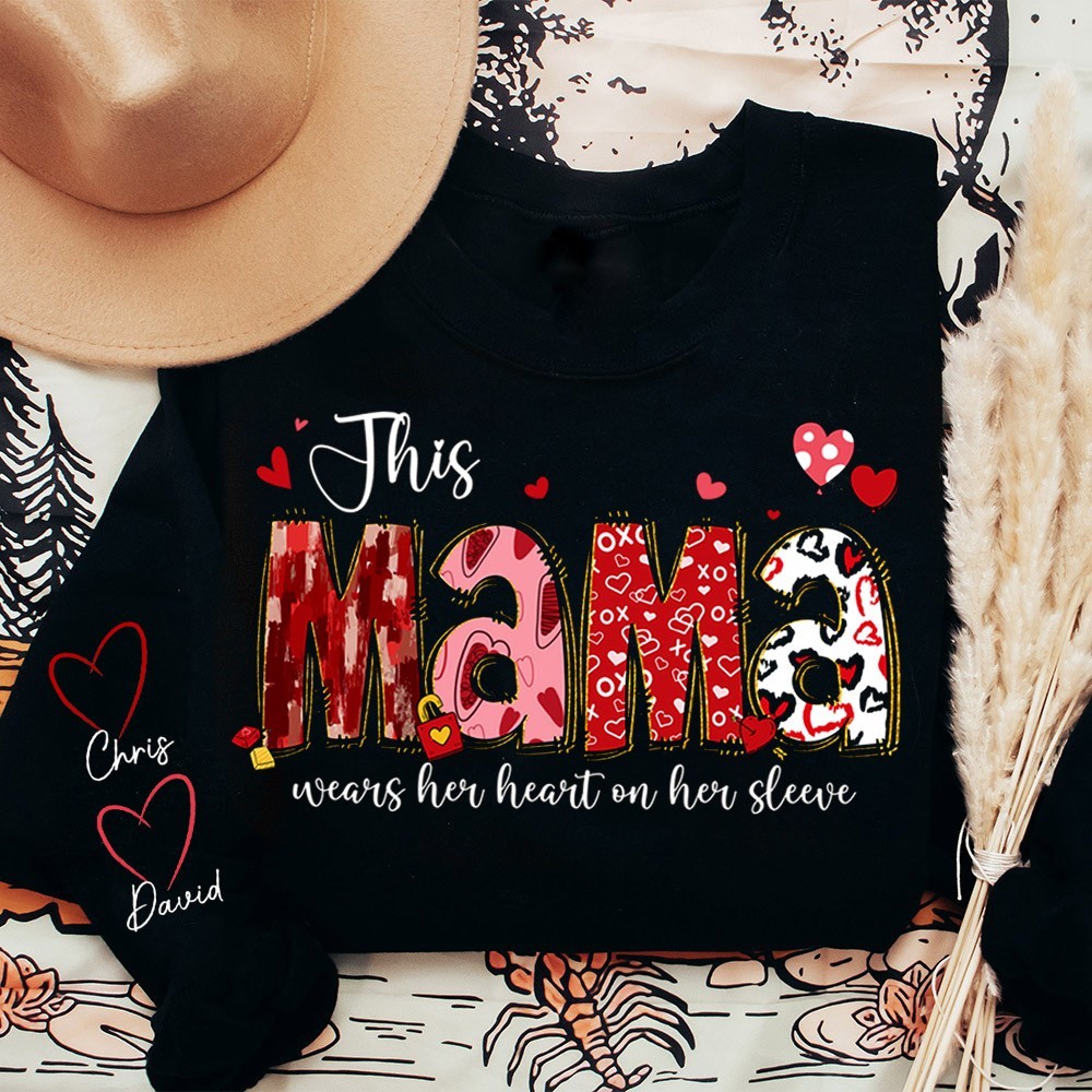 This Mama Wears Her Heart on Her Sleeve Sweatshirt with Kids Names on Sleeve Custom Gifts for Mum Mother's Day Gift Ideas
