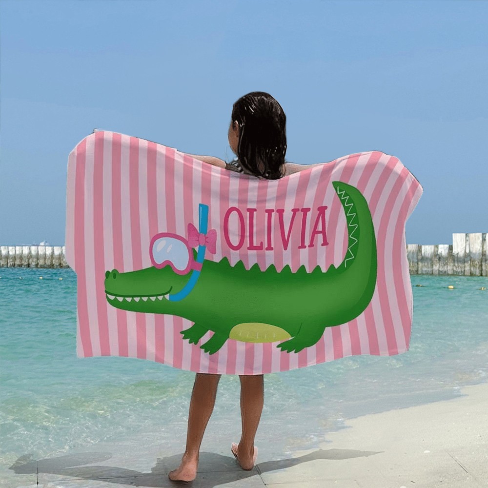 Custom Cartoon Alligator Pink Striped Beach Towel with Name for Kids Summer Beach Gift for Girls Boys