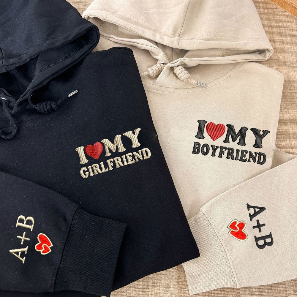 Embroidered I Love My Girlfriend Boyfriend Hoodie with Initial On Sleeve Anniversary Gifts for Him Valentine's Day Gift Ideas