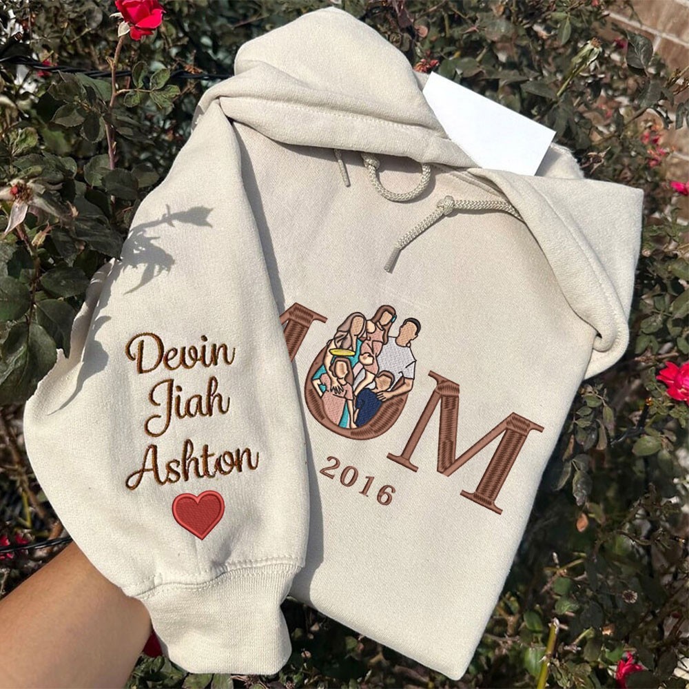 Personalised Mum Embroidered Photo Portrait Hoodie with Kids Names Gift Ideas for Mum Grandma Mother's Day Gifts