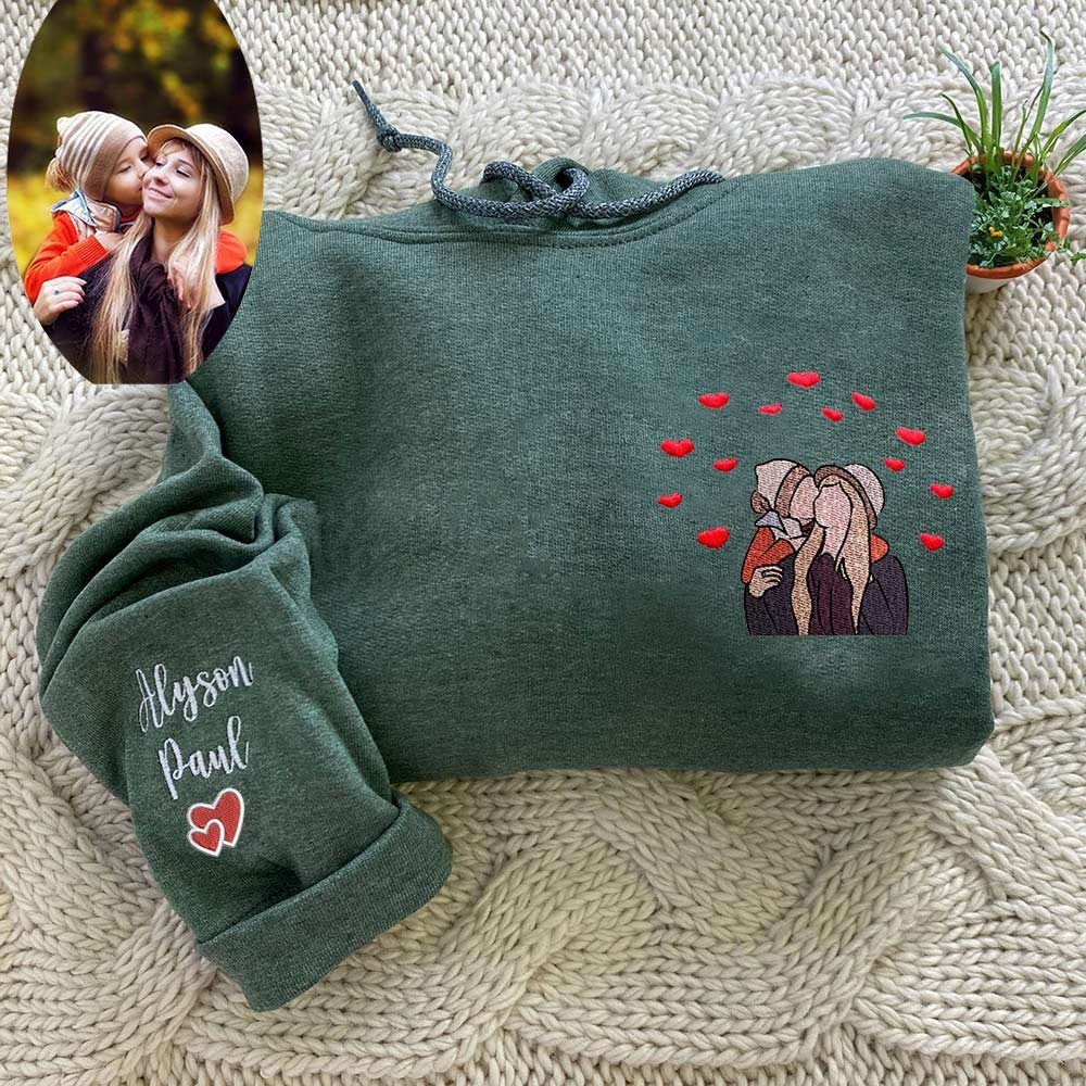 Custom Embroidered Mum Portrait Photo Sweatshirt with Kids Names on Sleeve Unique Gifts for Mum New Mum Gift Mother's Day Gift
