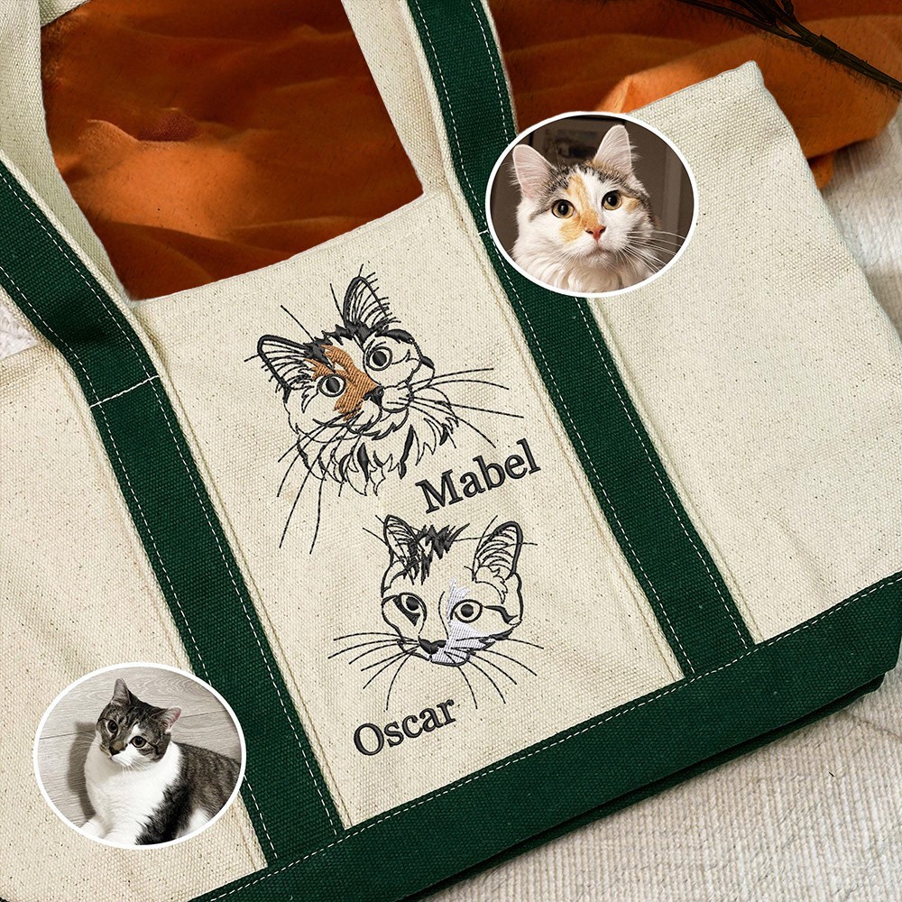Custom Tote Bag with Embroidered Pet Face and Name for Pet Lovers Unique Gifts for Cat Lover