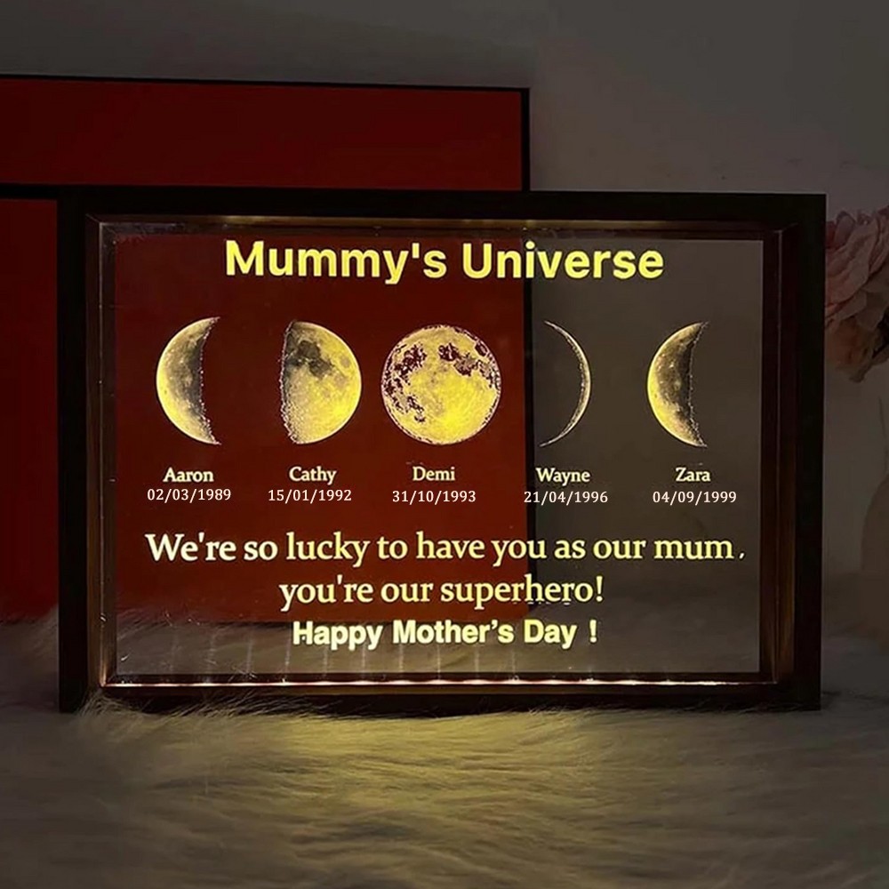 Custom Mummy's Universe Moon Phase Night Light Frame with Kids Names Gifts for Mum Grandma Unique Mother's Day Gift