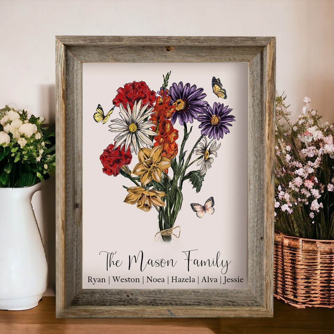Art Print Personalised The Mason Family Bouquet Birth Flower Frames Unique Gift for Grandma Mum Christmas Gift Ideas