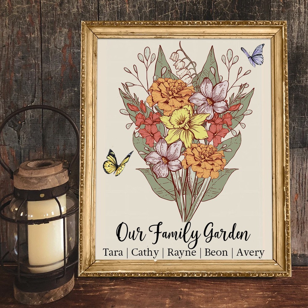 Custom Birth Flower Family Bouquet Frame Sign with Kids Names Family Keepsake Gifts Christmas Gift for Mum Grandma