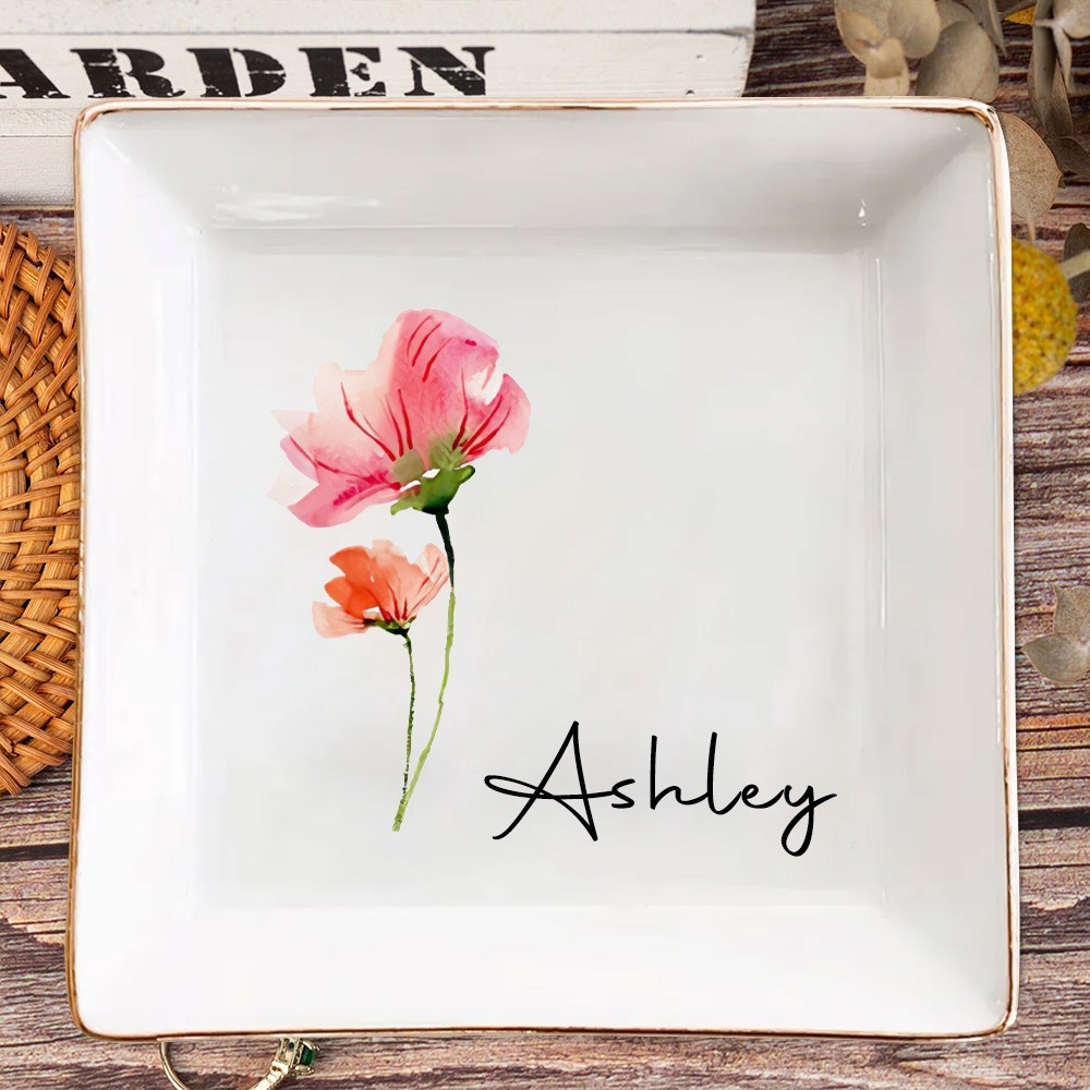 Personalised Birth Flower Jewelry Dish with Name Unique Gifts for Friend Wedding Bridesmaid Gift for Her Christmas Gift for Mum