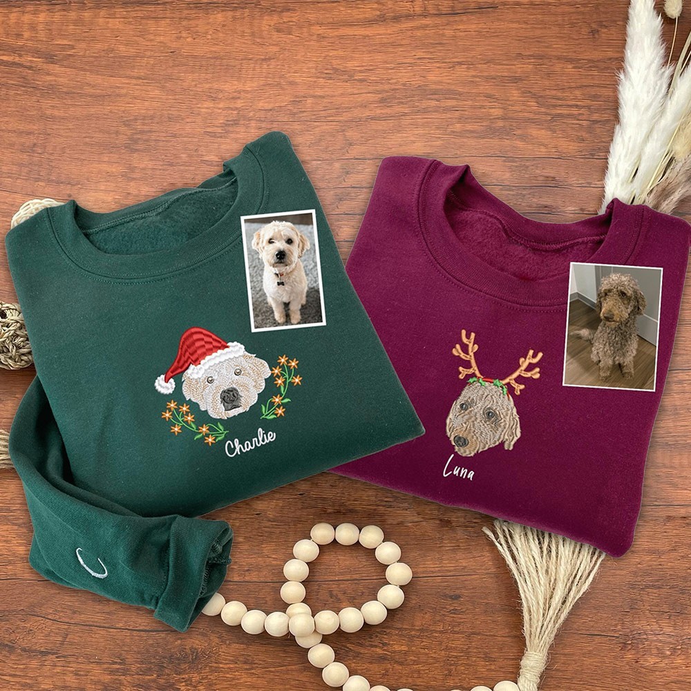 Custom Embroidered Dog Portrait Christmas Sweatshirt Gifts for Dog Owners Christmas Gifts for Pet Lovers