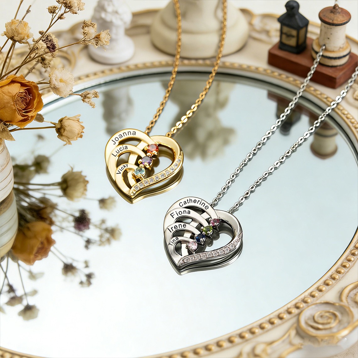 Personalised Engraved Name Necklace with Birthstone – Family Jewelry Gift, Heart Necklace, Perfect Birthday or Mother's Day Gift
