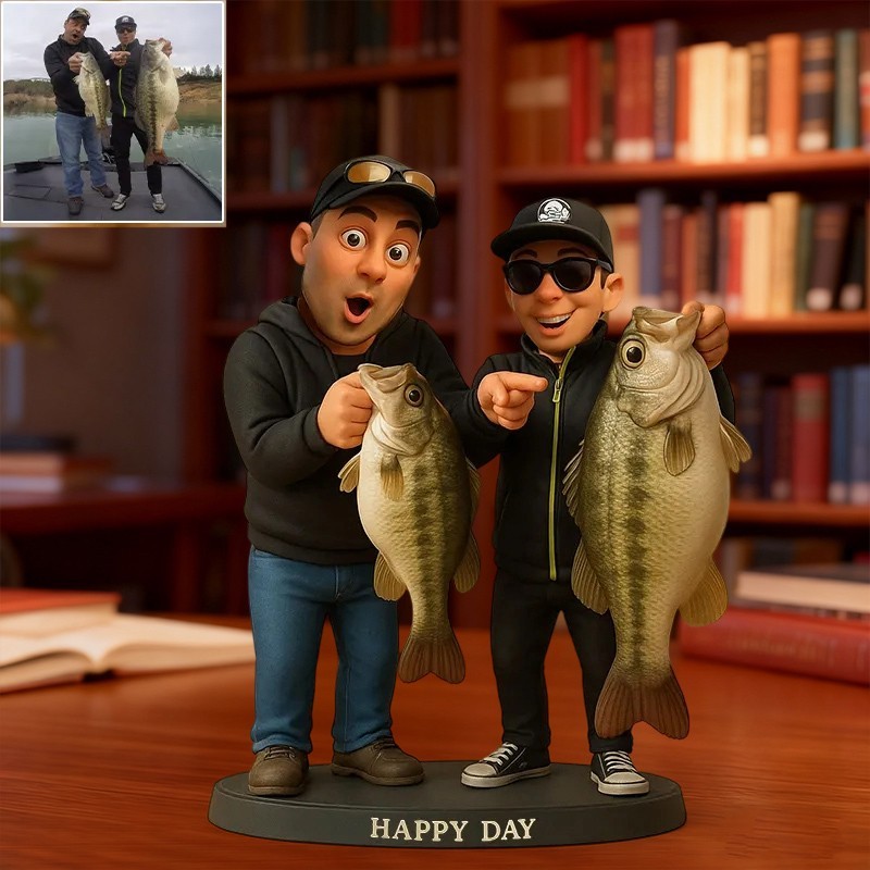 Custom 2D Fishing Photo Portrait Cartoon Style Figurine for Him Unique Desk Decor Gifts for Fisherman