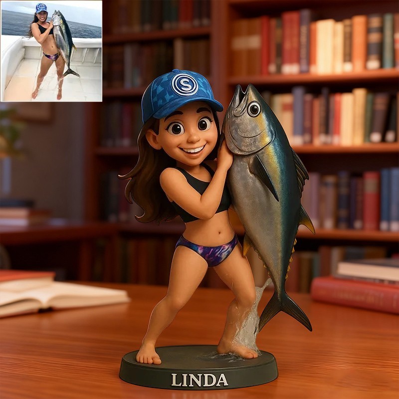 Custom 2D Fishing Photo Portrait Cartoon Style Figurine Unique Desk Decor Gifts for Fisherman