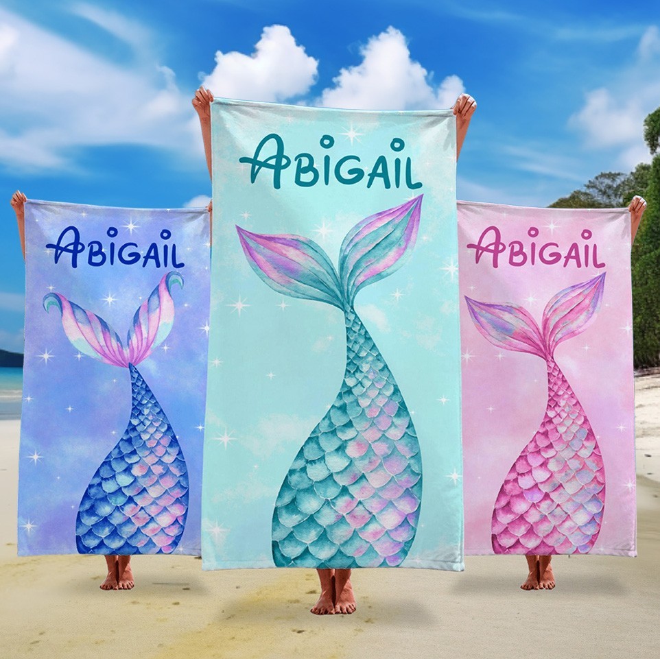 Custom Cartoon Mermaid Tail Beach Towel with Name Summer Vacation Gift for Girls Birthday Gift for Kids