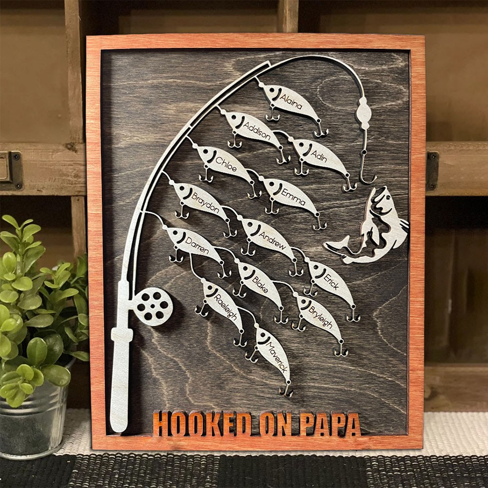 Custom Fish Hooked on Papa Wooden Frame Sign With Kids Names Meaningful Gift For Dad Father's Day Gift