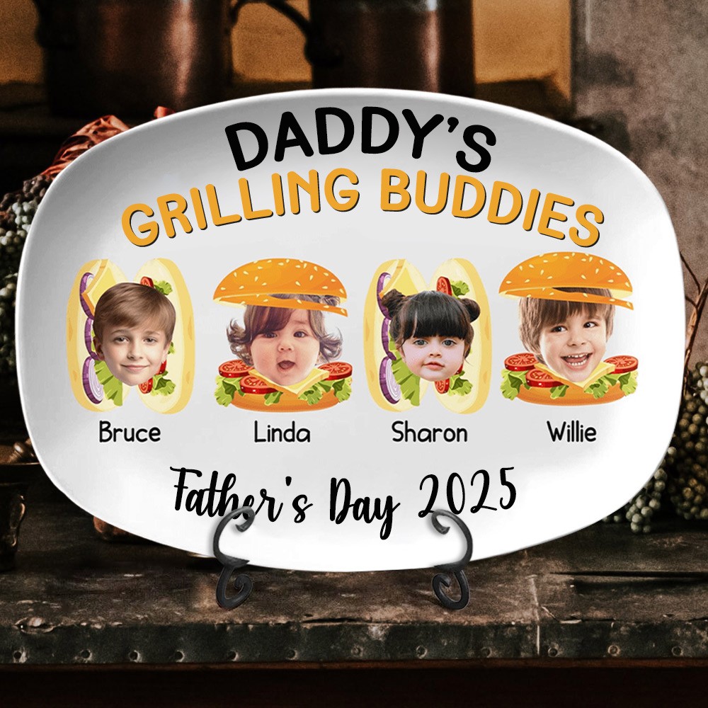 Personalised Art Print Daddy's Grilling Buddies Plate with Kids Portraits And Names Custom Plate Keepsake Gift For Dad Unique Father's Day Gift Ideas