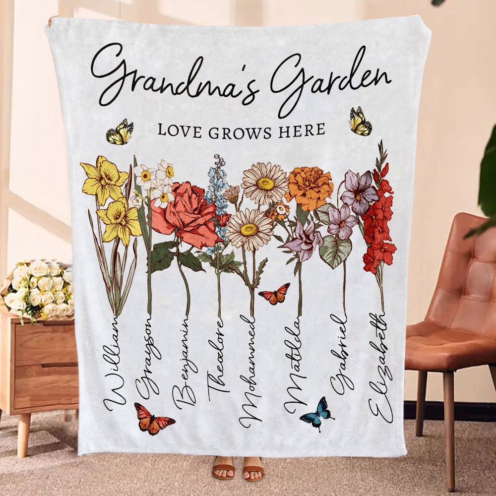 Custom Grandma's Garden Love Grows Here Birth Flower Blanket Gift For Mum Grandma Christmas Gift Ideas