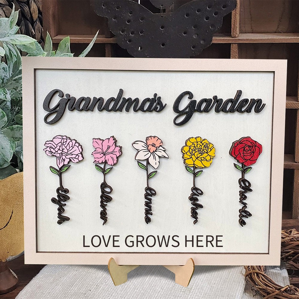 Grandma's Garden Love Grows Here Personalised Wooden Birth Flower Frame Sign Gift For Mum Grandma Mother's Day Gift Ideas
