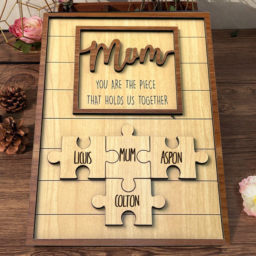 Personalised Mum Wooden Sign With Kids Names Custom Family Puzzle Pieces Sign Unique Gift For Mum Grandma Perfect Mother's Day Gifts