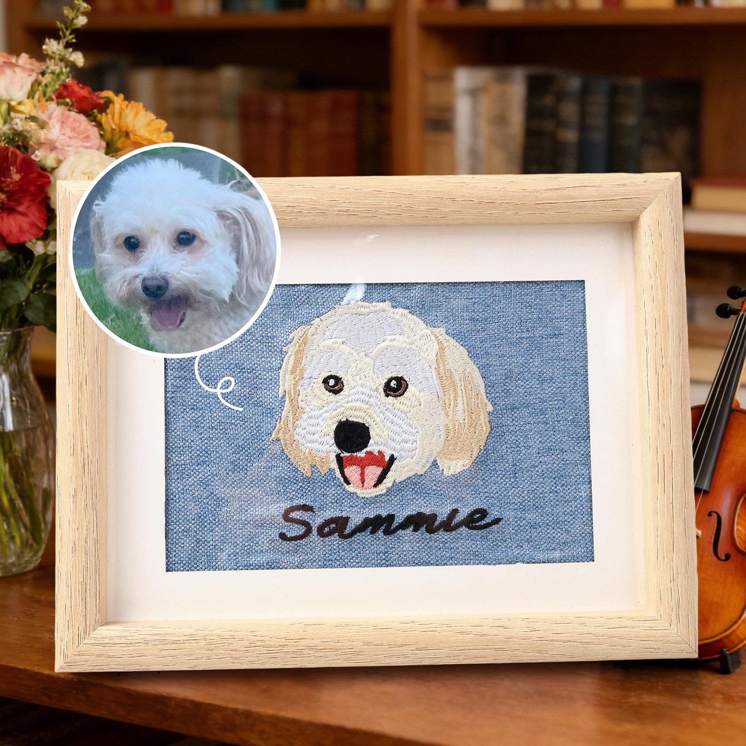 Custom Pet Embroidered Portrait in Frame – Personalised Pet Memorial Gift Unique Gift For Pet Lover