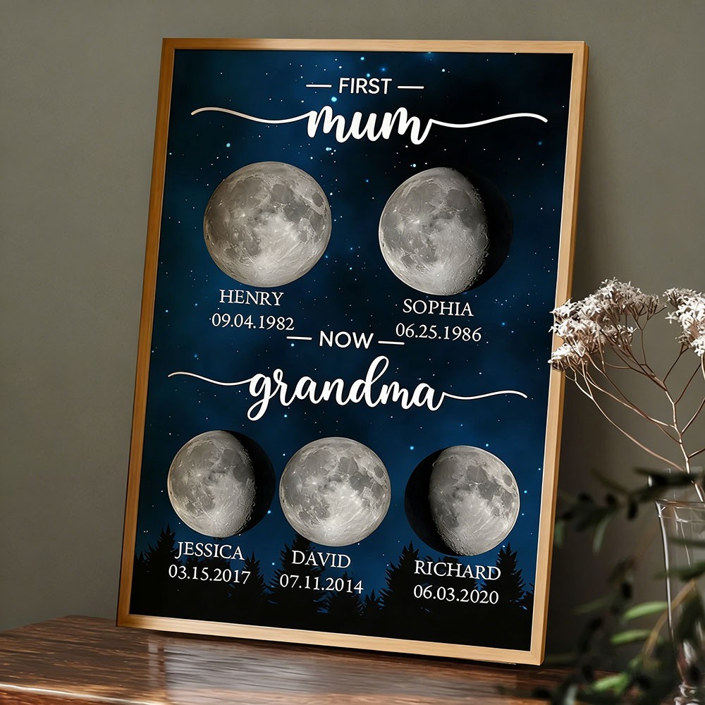 Personalised First Mum Now Grandma Moon Phase Print Frame with Kids Names Gifts for Mum Grandma Mother's Day Gift