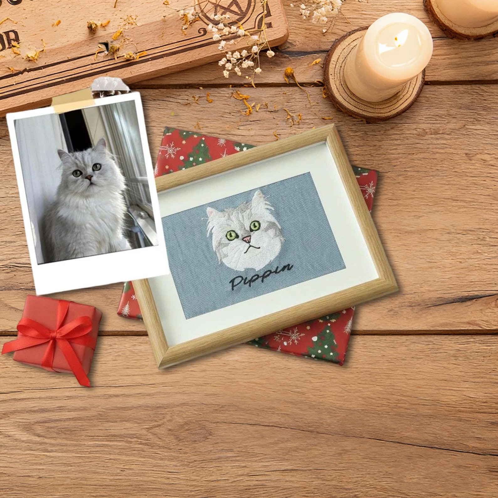 Custom Pet Cat Embroidered Portrait in Frame – Personalised Pet Memorial Gift Unique Gift For Pet Lover