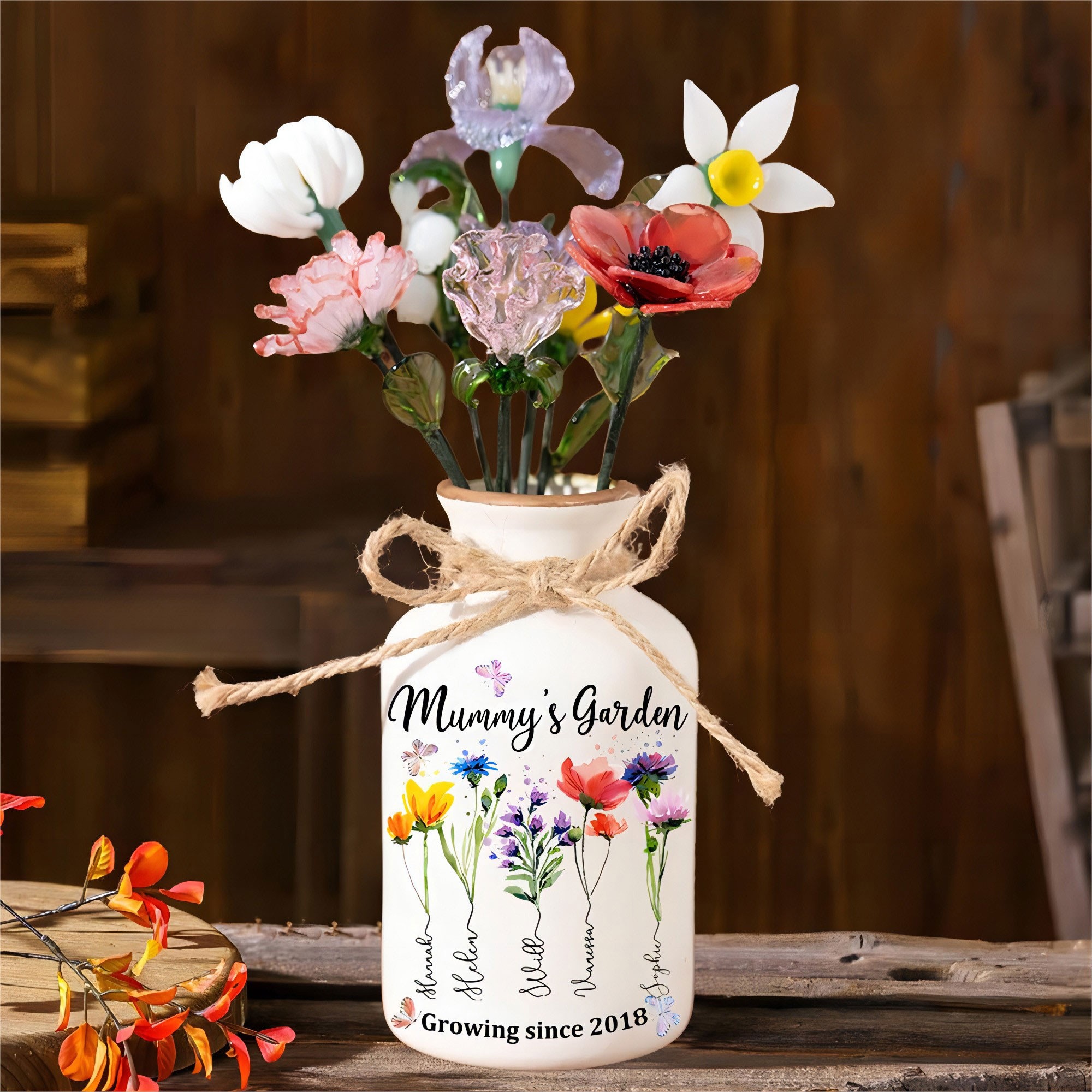 Personalised Mummy's Garden Birth Month Flower Vase with Kids Names Gifts for Mum Grandma Mother's Day Gift
