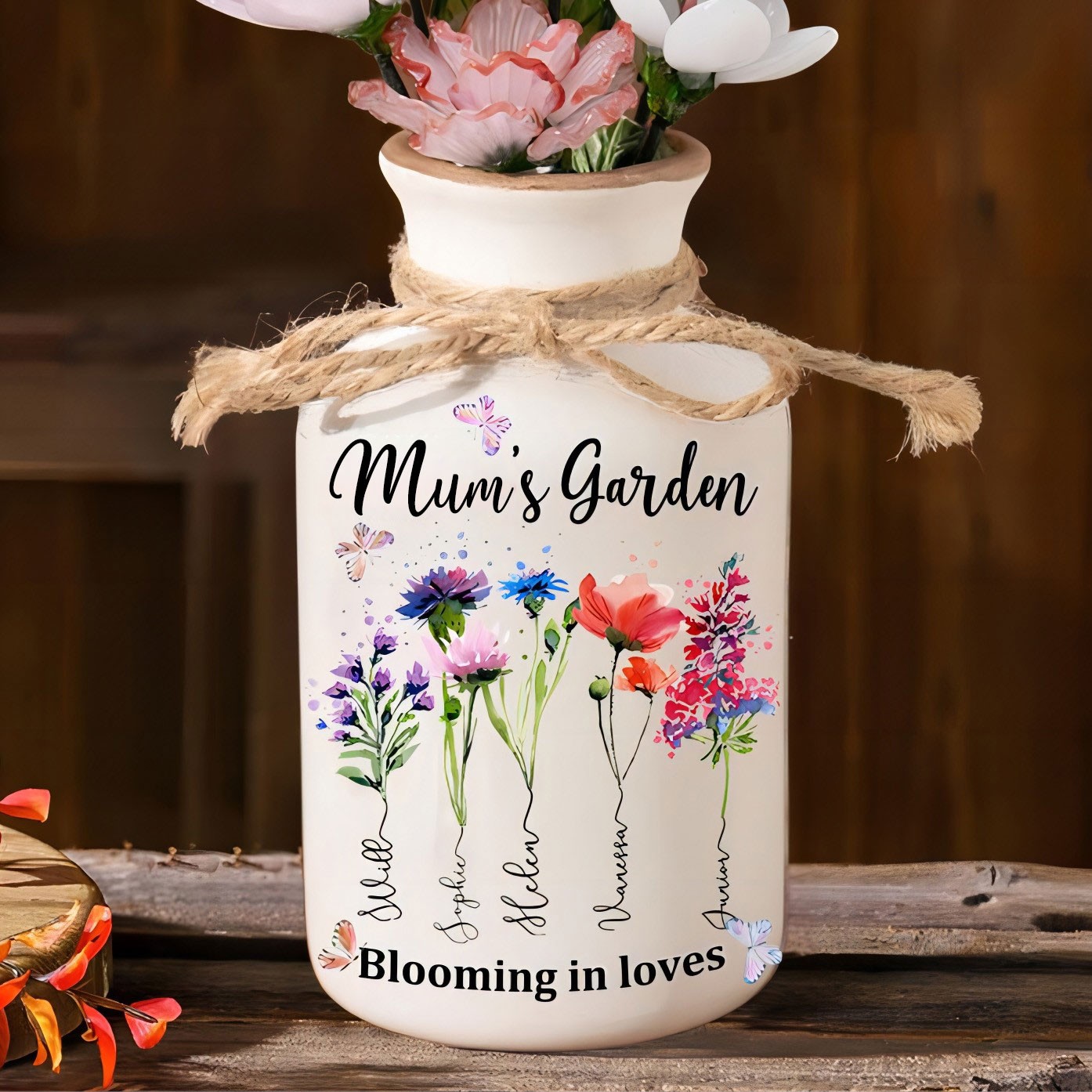 Mum's Garden Birth Month Flower Vase with Kids Names Personalised Gifts for Mum Grandma Mother's Day Gift