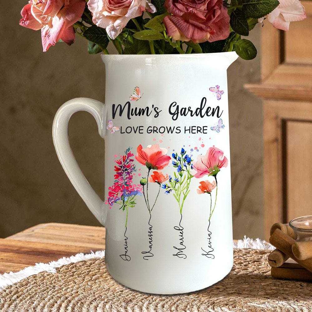Personalised Mum's Garden Birth Month Flower Vase with Kids Names Gift for Mum Grandma Mother's Day Gift Ideas