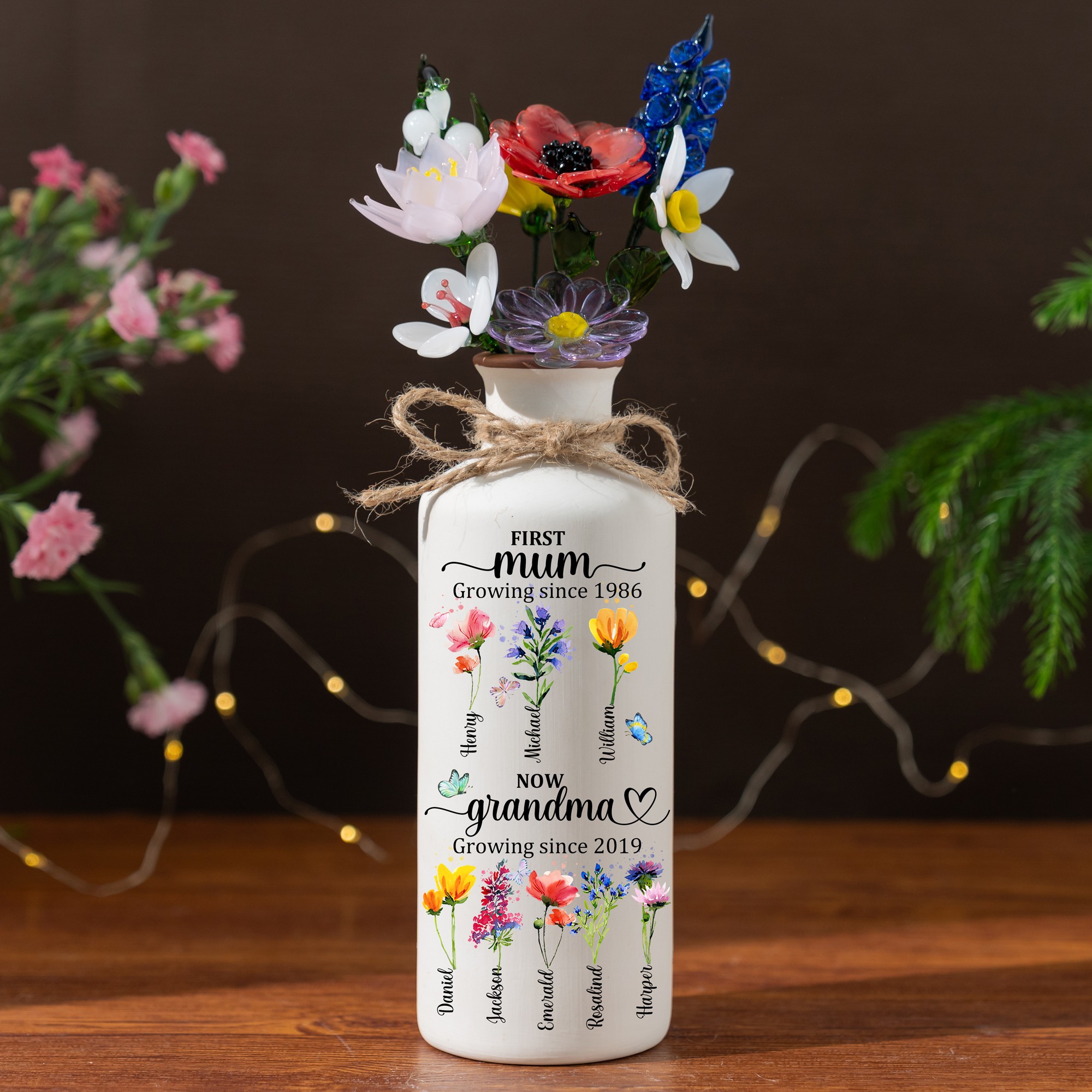 First Mum Now Grandma Birth Month Flower Vase with Kids Names Mother's Day Gift Custom Gifts for Mum Grandma