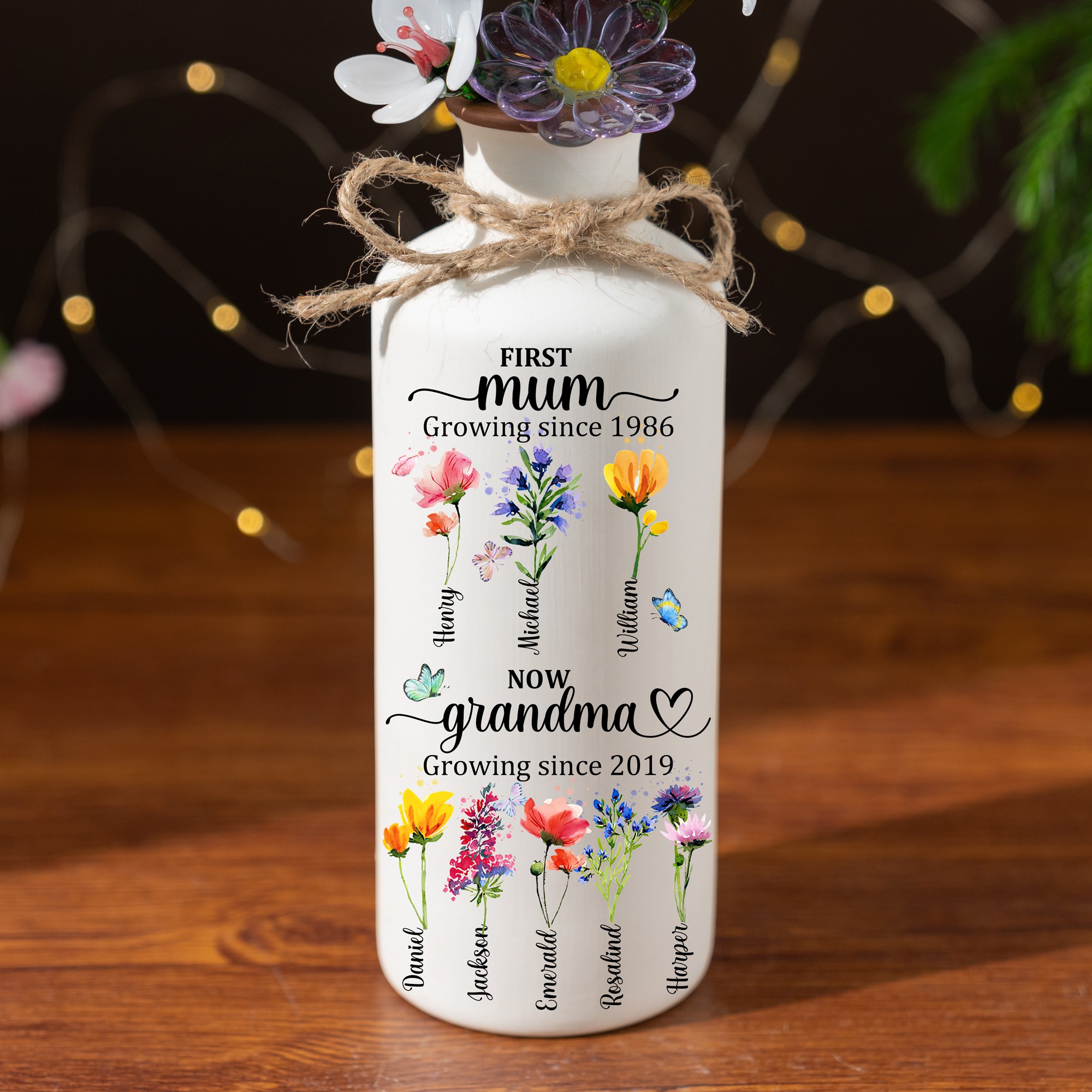 First Mum Now Grandma Birth Month Flower Vase with Kids Names Gift for Mother's Day Personalised Gifts for Mum Grandma