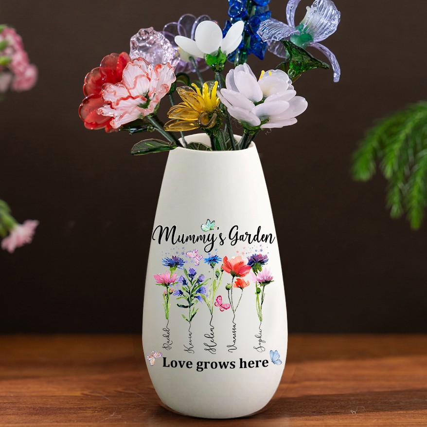 Mummy's Garden Birth Month Flower Vase with Kids Names Custom Gifts for Grandma Mum Mother's Day Gift Ideas
