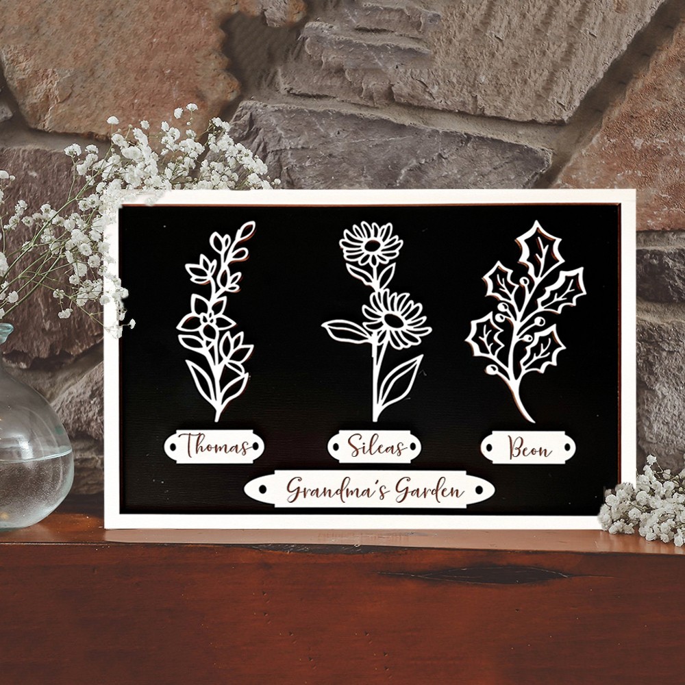 Custom Grandma's Garden Birth Flower Frame Wooden Sign with Grandkids Names Unique Mother's Day Gift Ideas