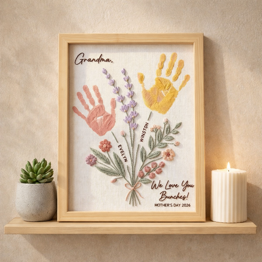 Personalised Grandma Art Handprint Flower Bunches Frame With Embroidered Hand Family Gift For Mum Grandma Mother's Day Home Decor Gift