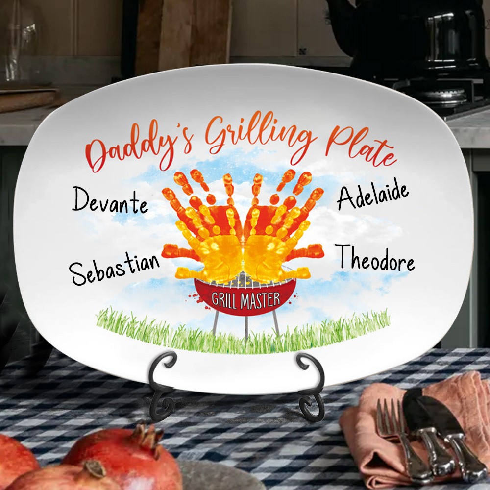 Custom Daddy's Grilling Plate With Handprint and Kid Names Unique Father's Day Gift Ideas