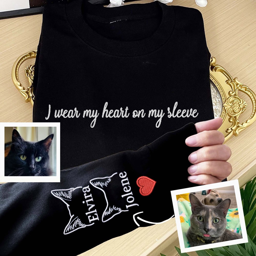 Personalised I Wear My Heart on My Sleeve Embroidered Pet Ears Sweatshirt Hoodie Gifts for Cat Lover
