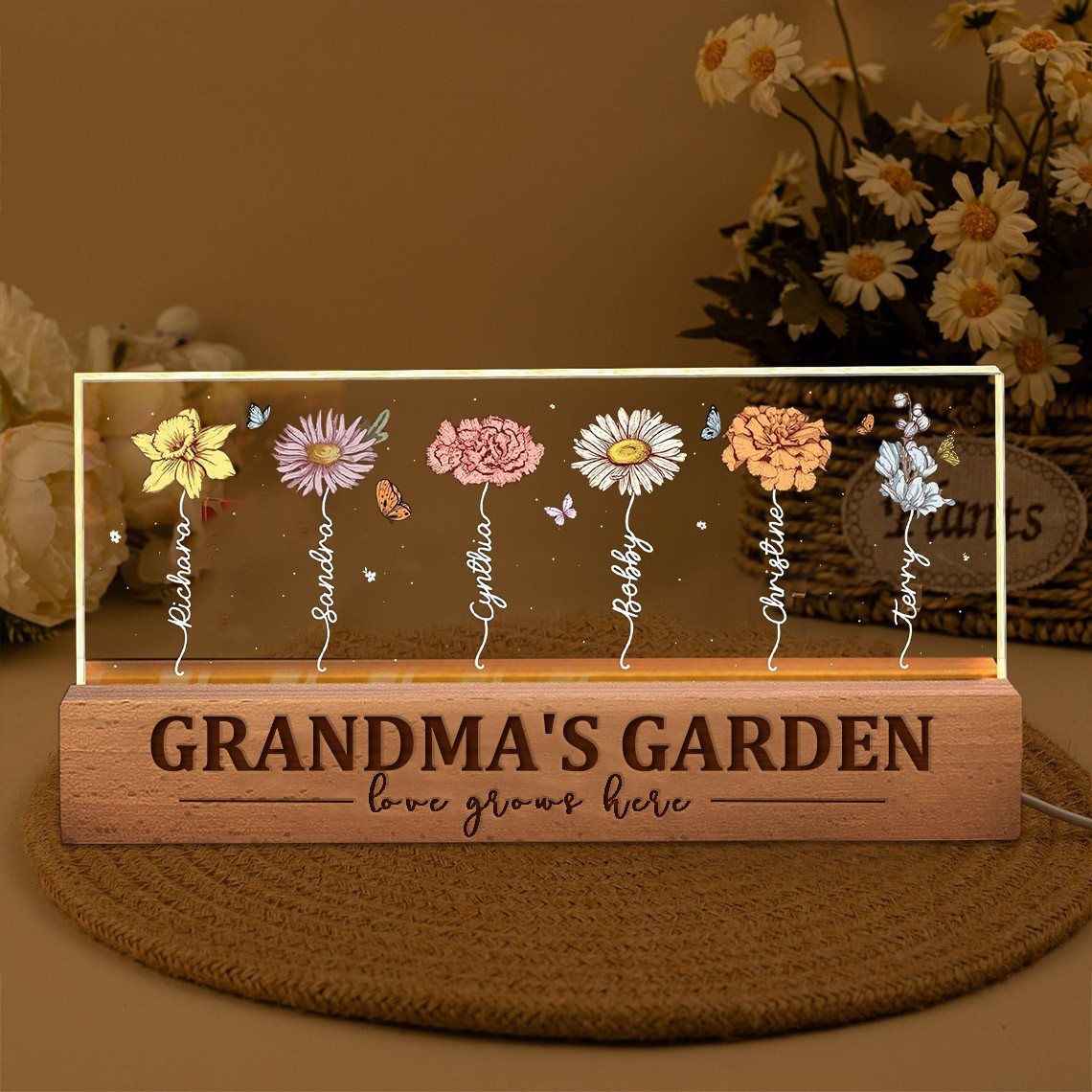 Custom Grandma's Garden Love Grows Here Birth Flower Wood Night Light Unique Gifts for Mum Grandma Mother's Day Gifts