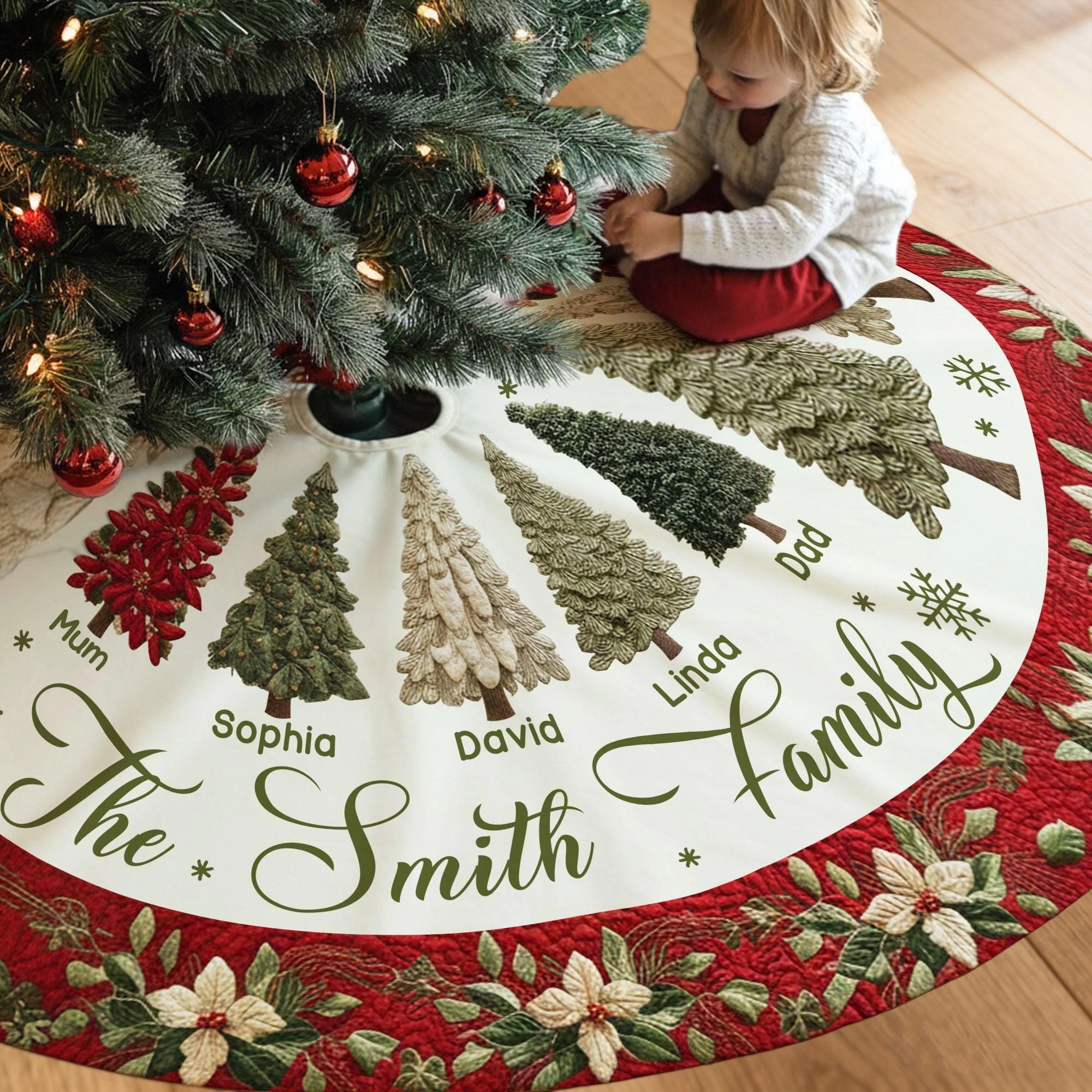 Personalised Christmas Tree Skirt, Custom Family Name Christmas Tree Skirt, Holiday Decor, Keepsake Xmas Gift For Mum Grandma Christmas Gift For Family