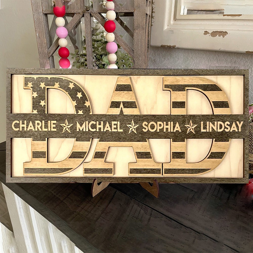 Personalised Wood Dad Sign with Kids Names Keepsake Gifts Father's Day Gift