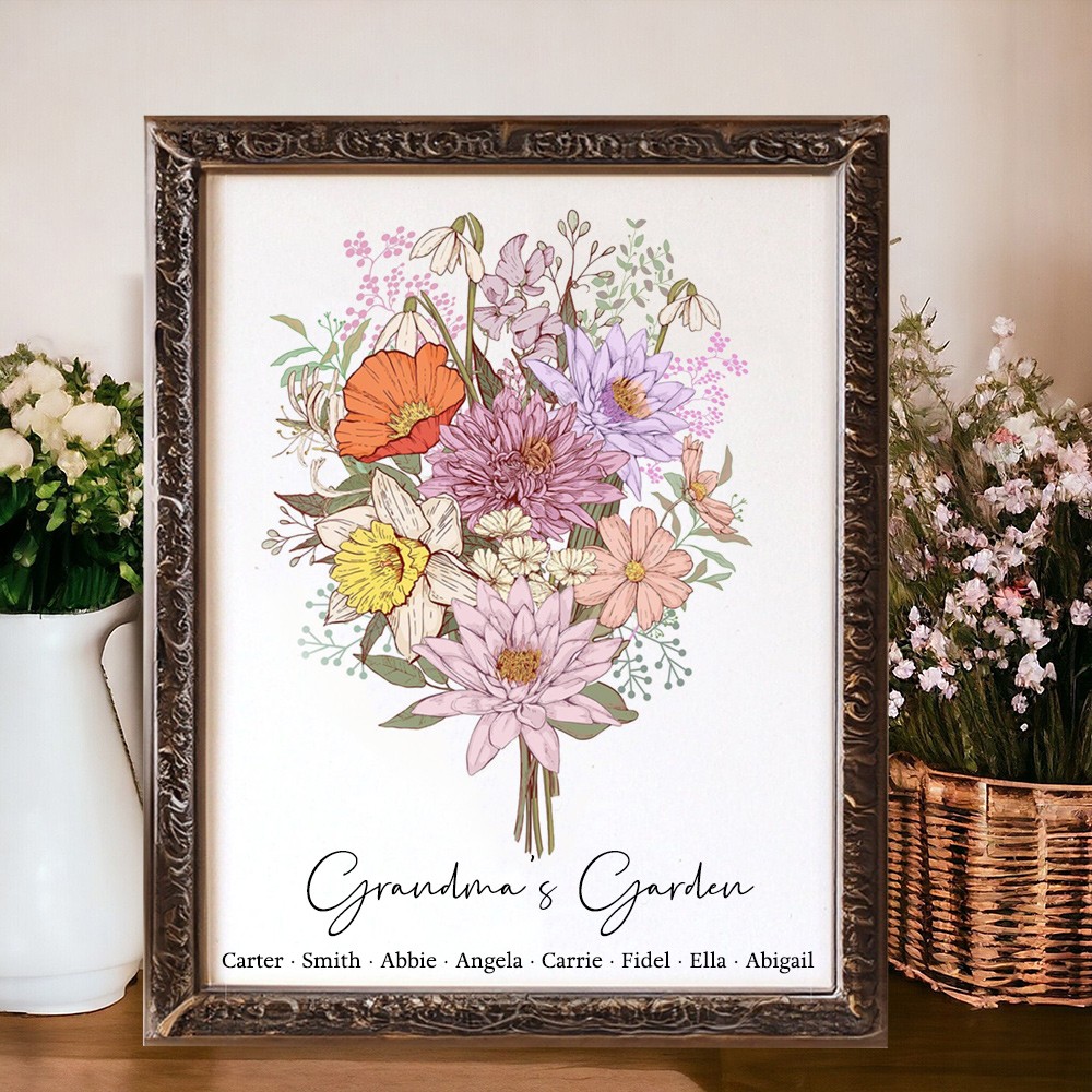 Custom Grandma's Garden Birth Flower Bouquet Frame Unique Gifts for Mum Grandma Christmas Gifts