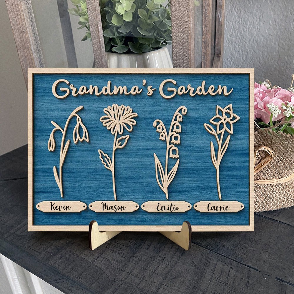 Custom Grandma's Garden Birth Month Flower Wooden Frame with Names Family Gifts for Grandma Mum Mother's Day Gift Ideas