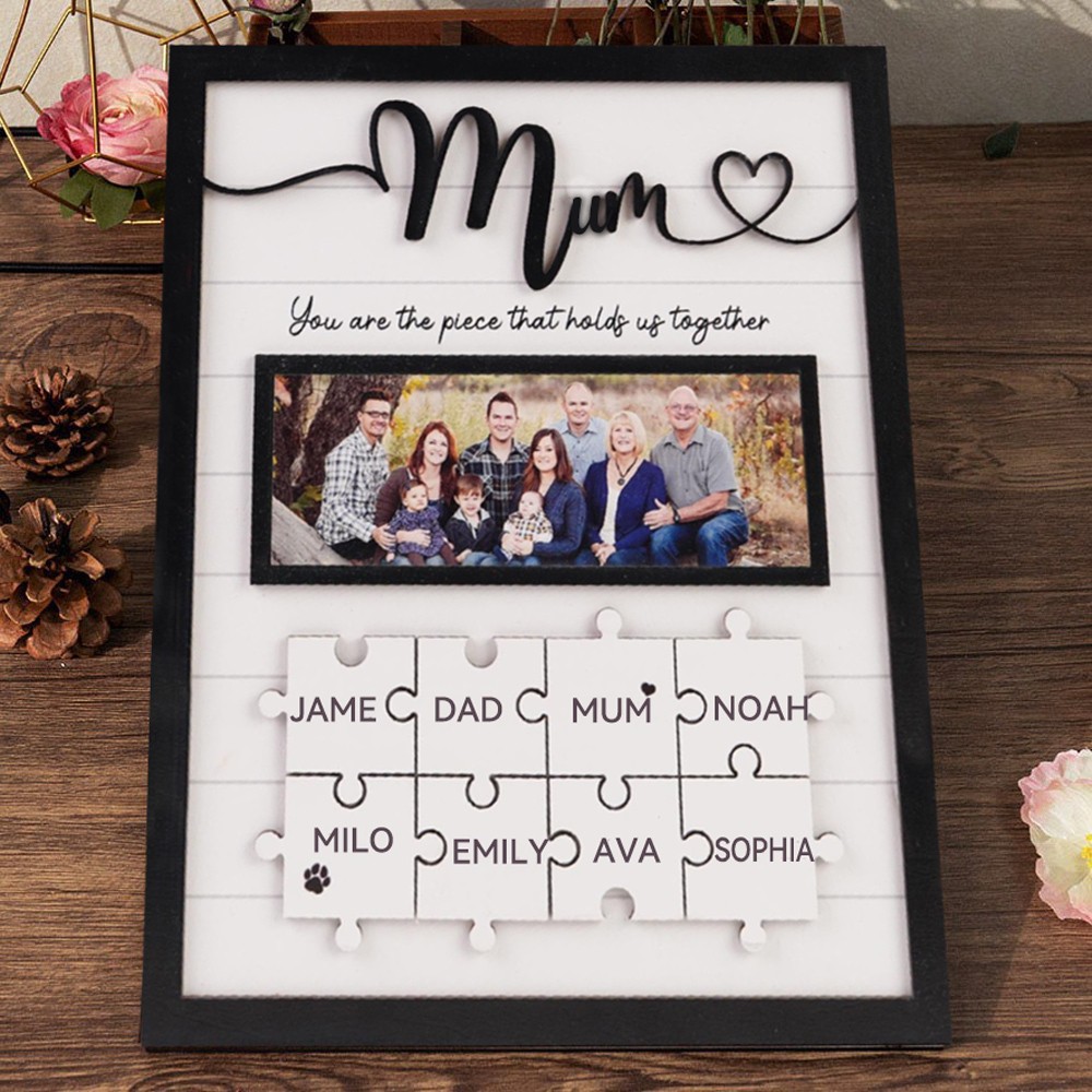 Personalised Family Photo Wooden Puzzle Pieces Sign Frame With Kids Names Unique Gift For Mum Grandma Mother's Day Gift